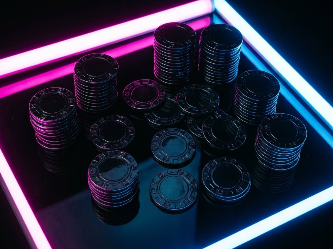 Neon-lit casino chips arranged with alphanumeric code pattern