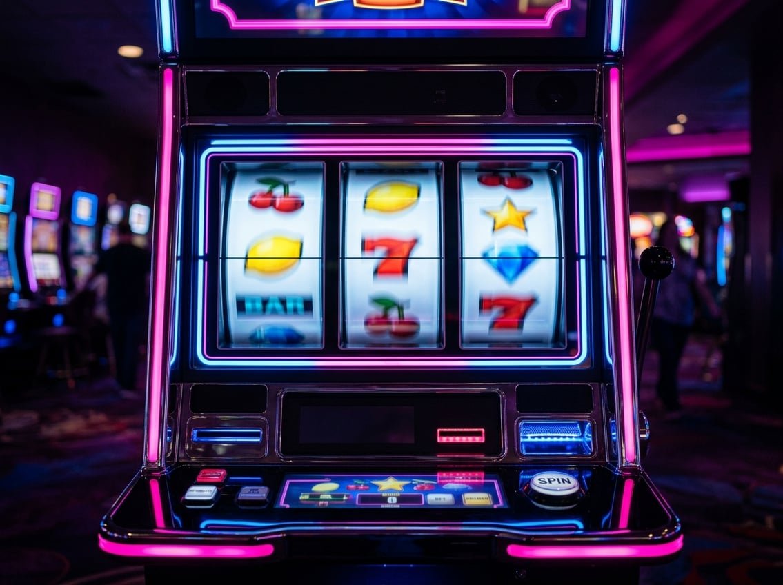 Slot machine reels spinning with neon pink and blue lighting