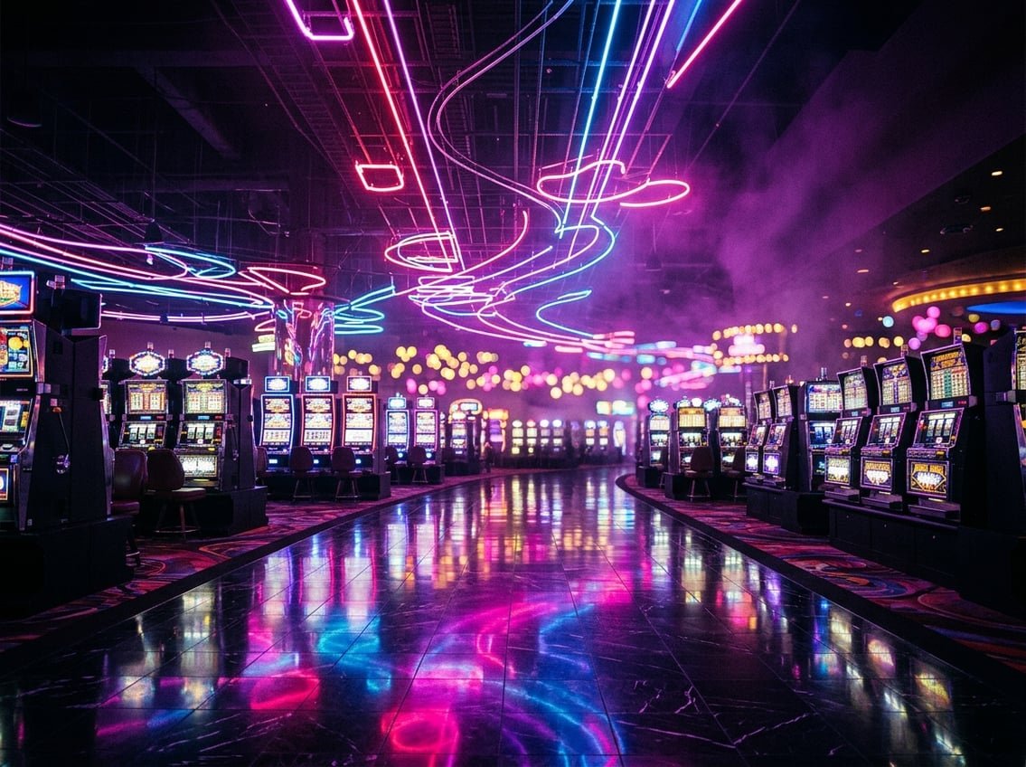 Neon-lit Vegas casino floor at night with pink and blue glow