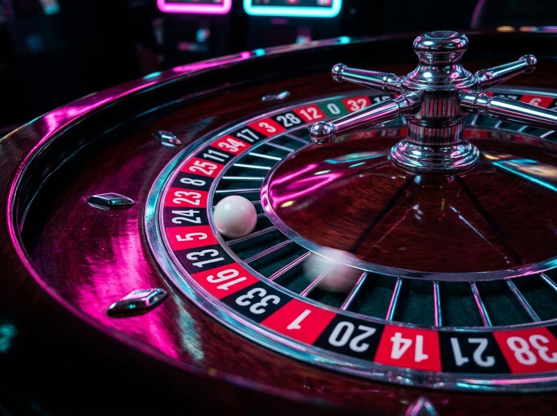 Close-up of roulette wheel under neon light with pink and blue reflections
